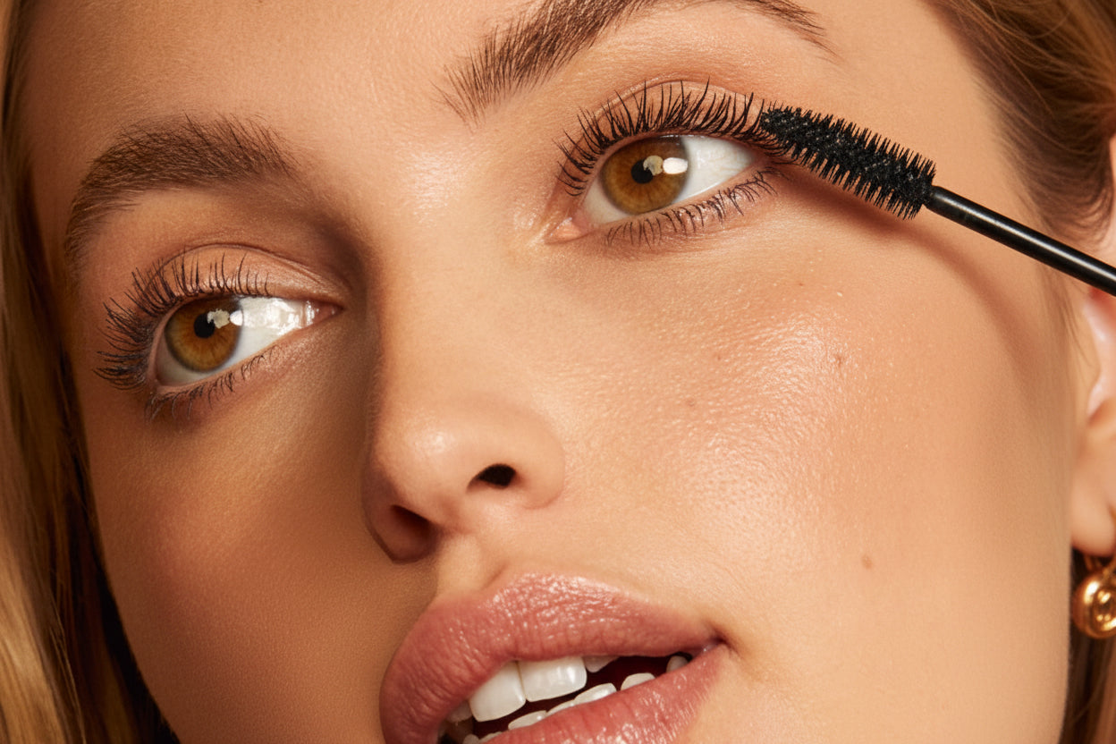 Close-up of a woman's face with mascara and a makeup product on a white background